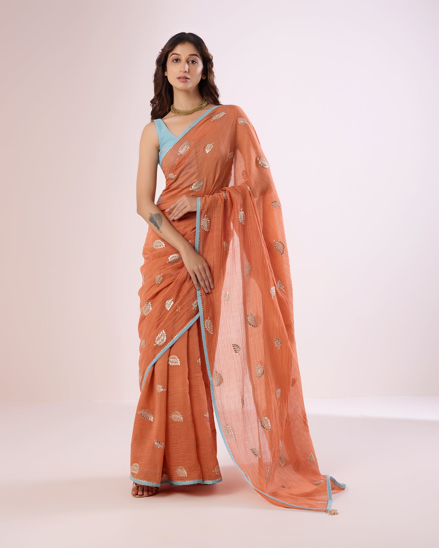 Fern Leaf Chanderi Silk Saree – Coral