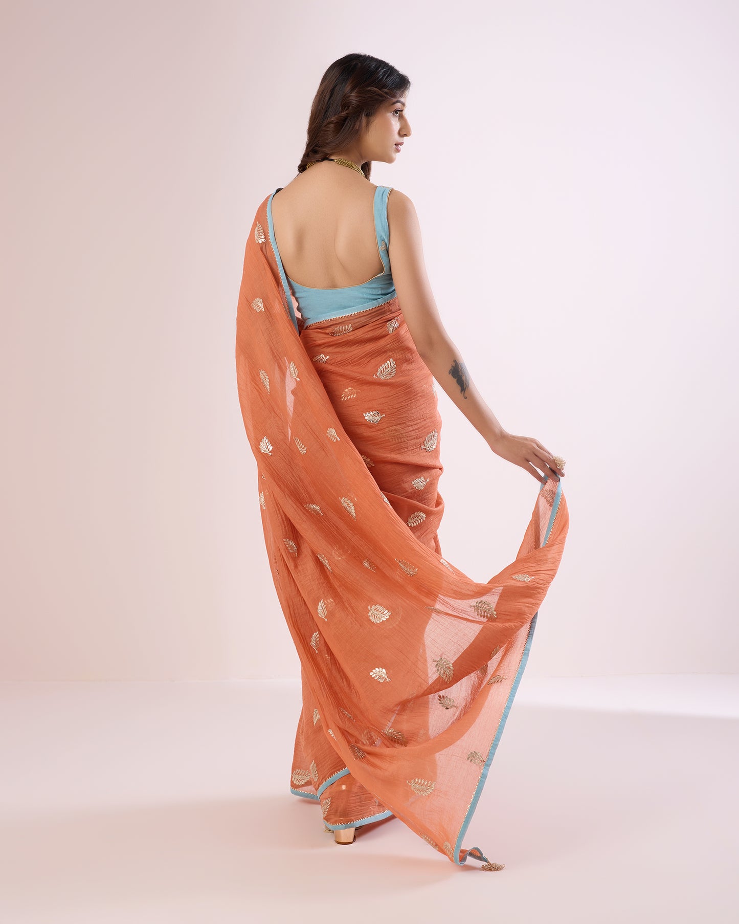 Fern Leaf Chanderi Silk Saree – Coral
