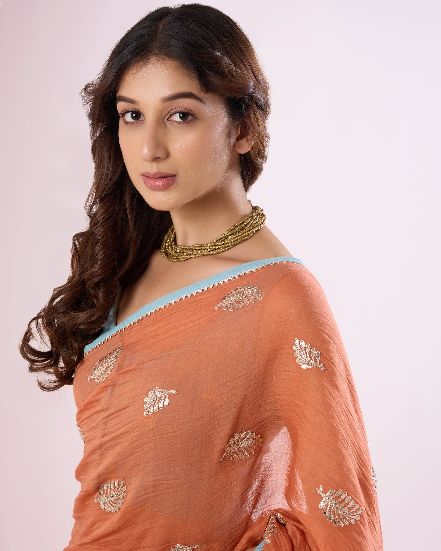 Fern Leaf Chanderi Silk Saree – Coral