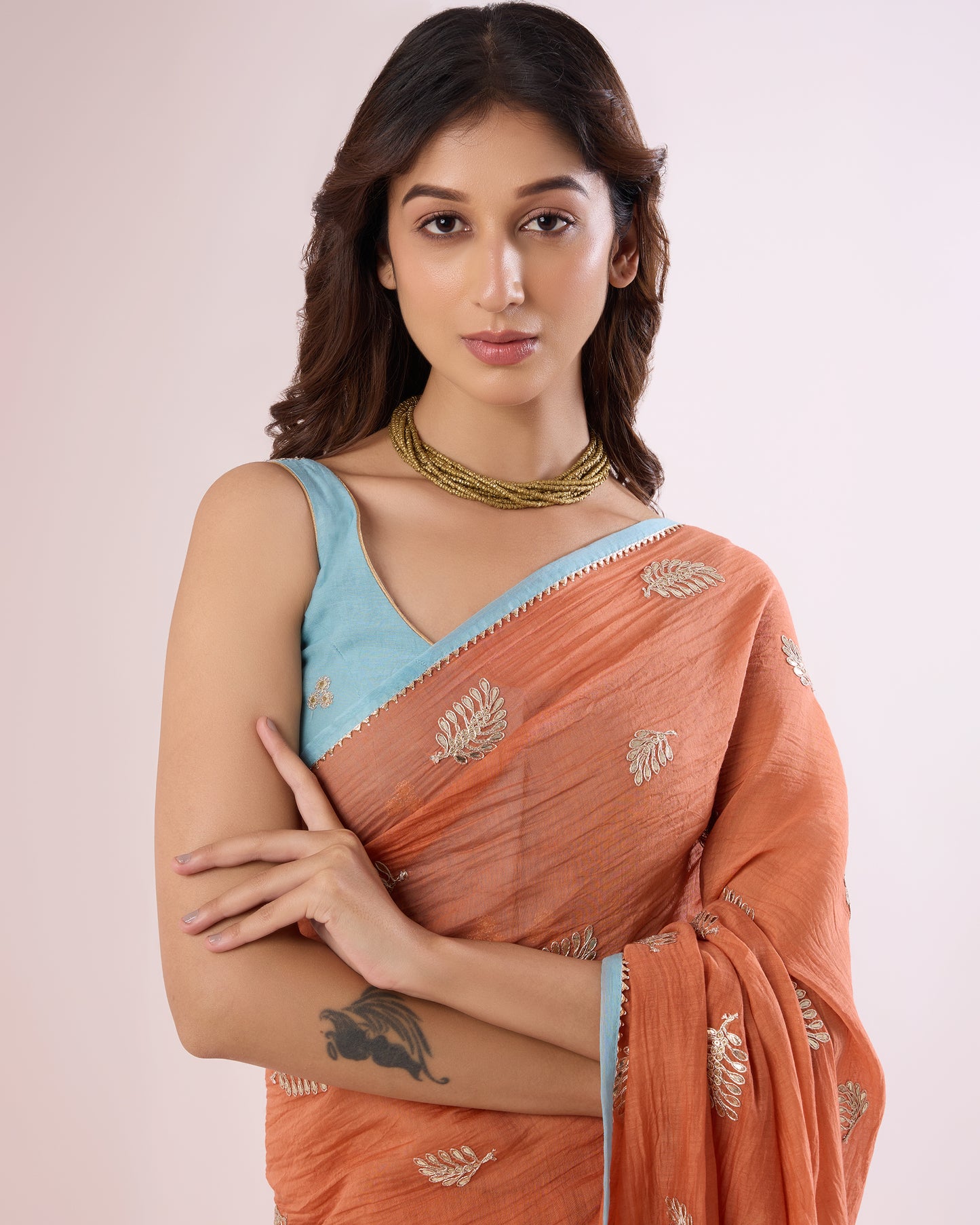 Fern Leaf Chanderi Silk Saree – Coral