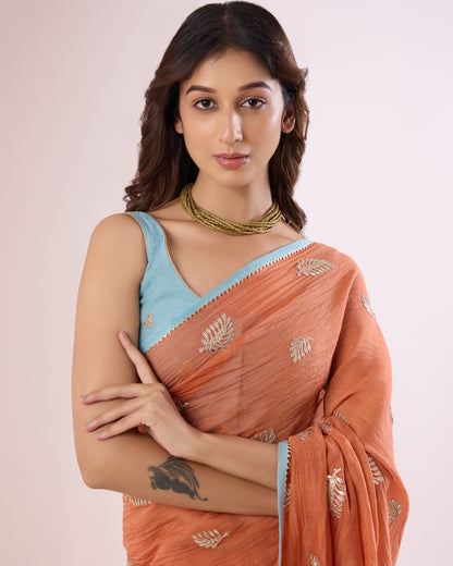 Fern Leaf Chanderi Silk Saree – Coral