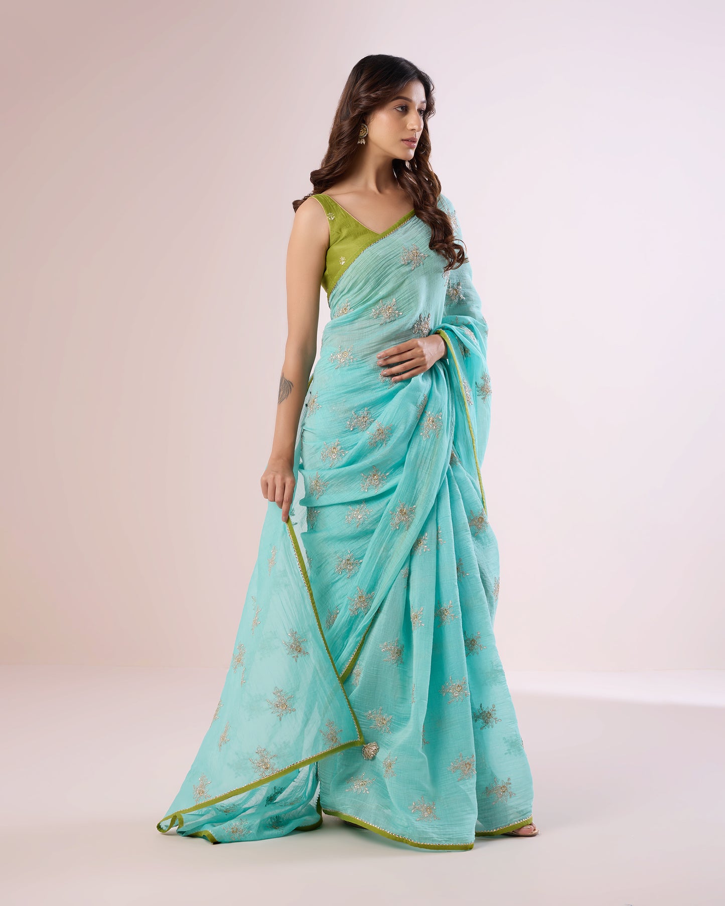 Magnolia Chanderi Silk Saree – Aqua Blue