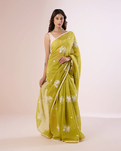 Jaswand Chanderi Silk Saree – Grass Green