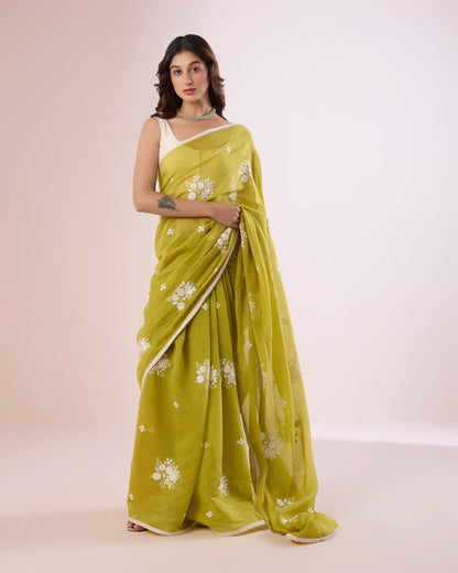 Jaswand Chanderi Silk Saree – Grass Green