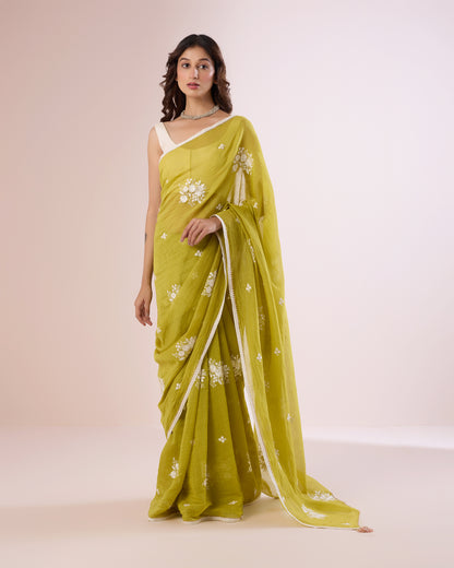 Jaswand Chanderi Silk Saree – Grass Green