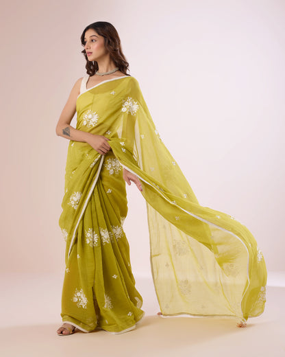 Jaswand Chanderi Silk Saree – Grass Green