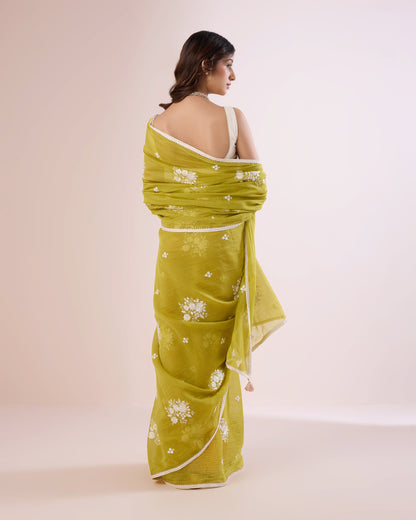 Jaswand Chanderi Silk Saree – Grass Green
