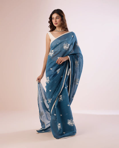 Jaswand Chanderi Silk Saree – Petrol Blue