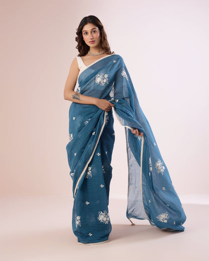 Jaswand Chanderi Silk Saree – Petrol Blue