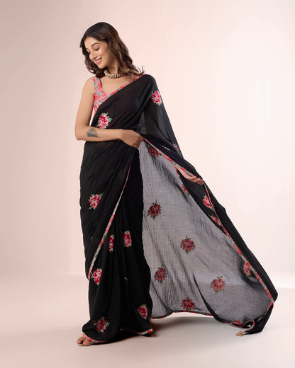 PIXEL ROSE — Black Chanderi Silk Saree