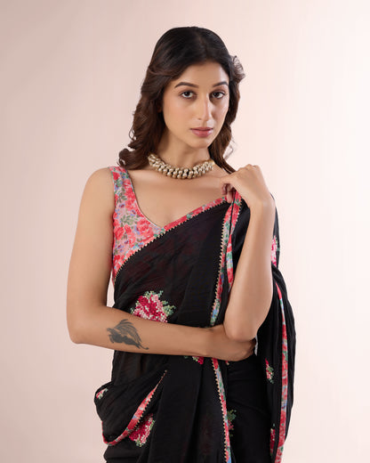 PIXEL ROSE — Black Chanderi Silk Saree