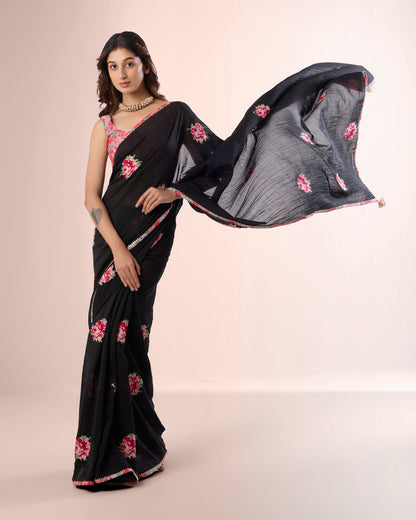 PIXEL ROSE — Black Chanderi Silk Saree