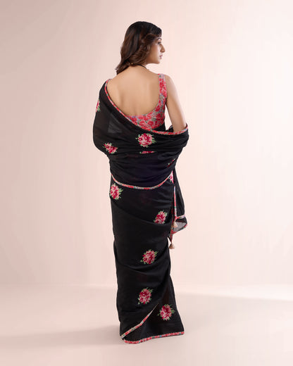PIXEL ROSE — Black Chanderi Silk Saree