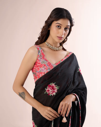PIXEL ROSE — Black Chanderi Silk Saree