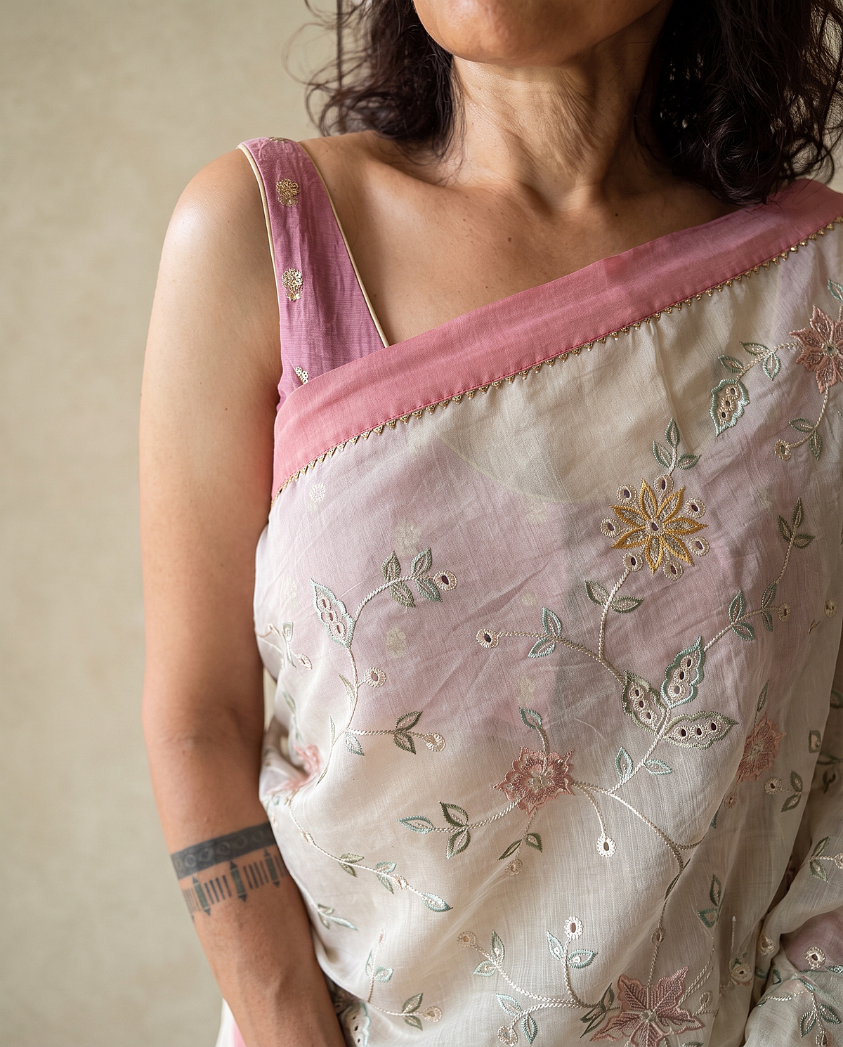 MALLIPOO | Cream Chanderi Silk Saree