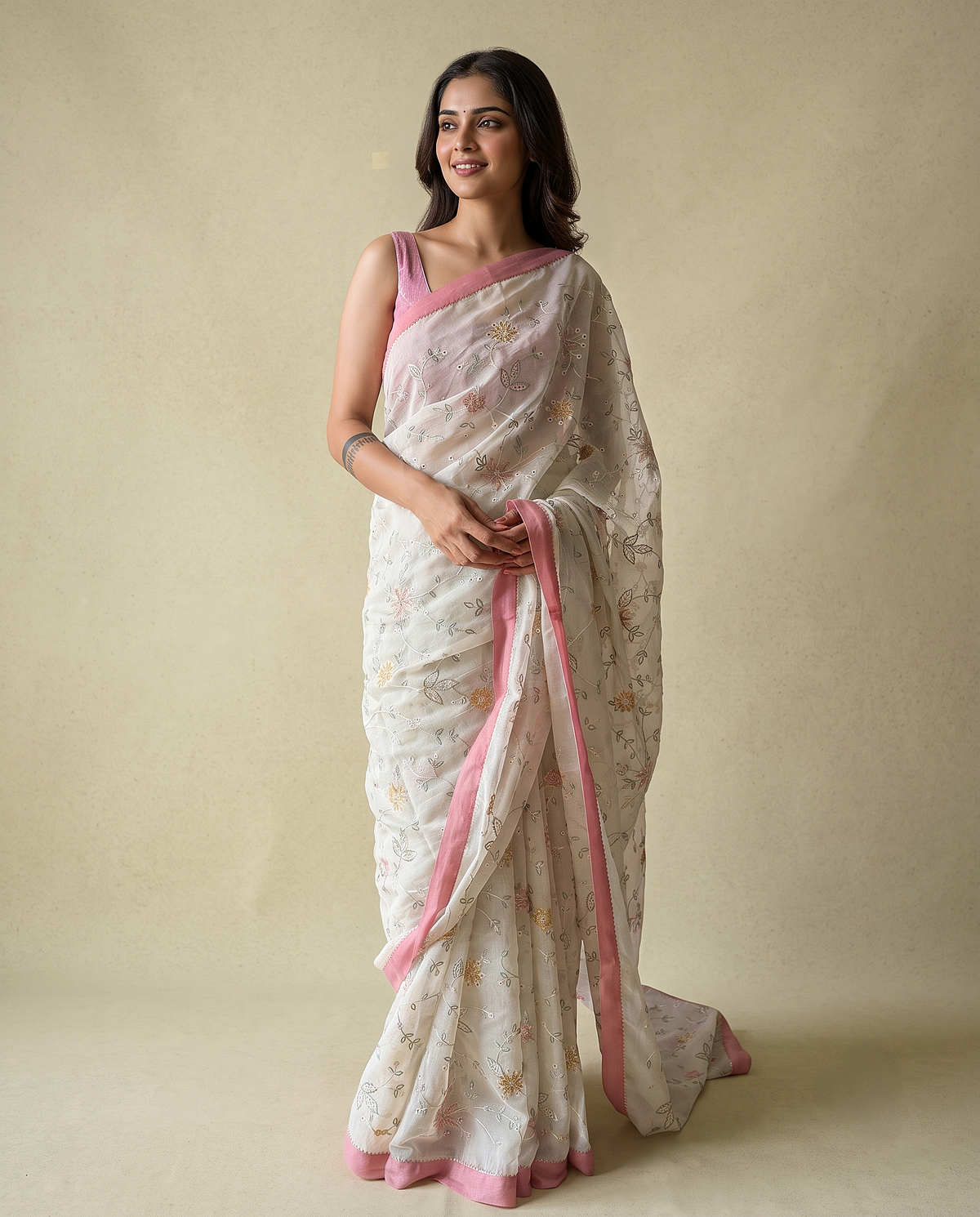 MALLIPOO | Cream Chanderi Silk Saree