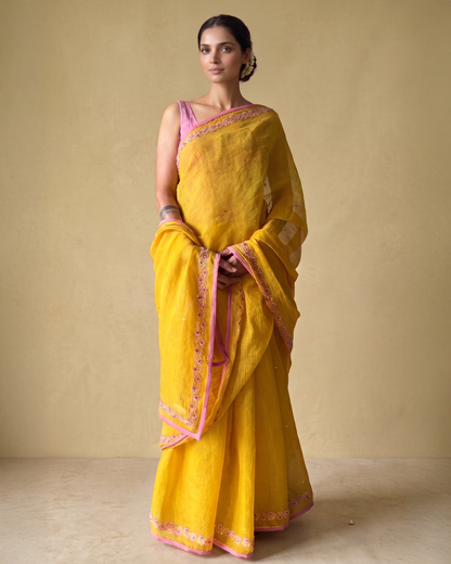 BEADED TENDRILS | Sun Yellow Chanderi Tissue Saree