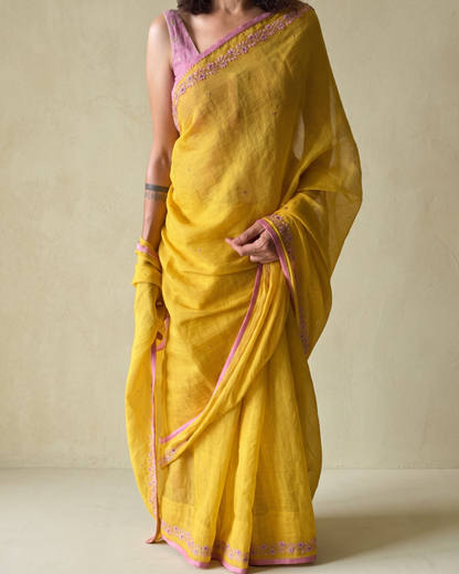 BEADED TENDRILS | Sun Yellow Chanderi Tissue Saree