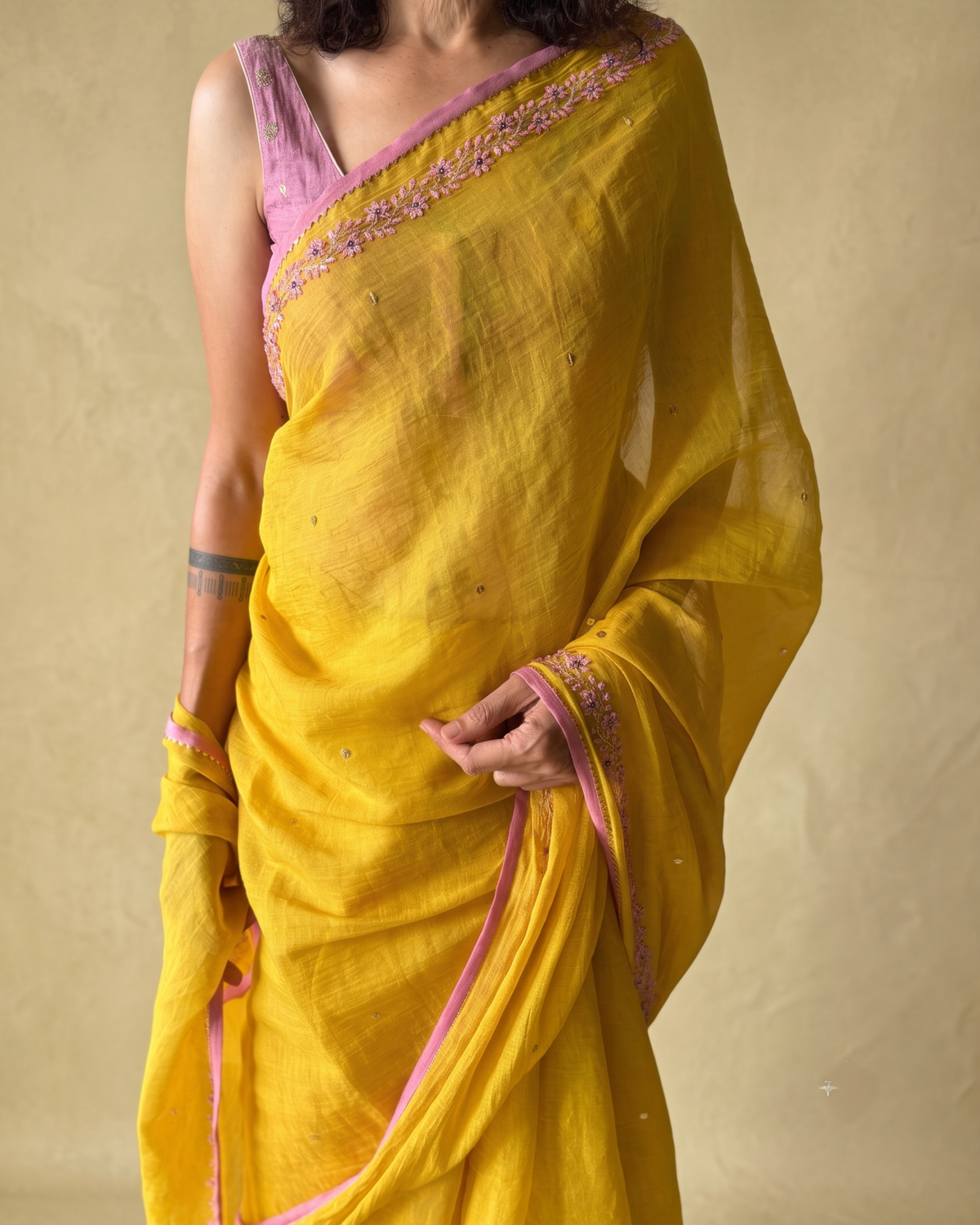 BEADED TENDRILS | Sun Yellow Chanderi Tissue Saree