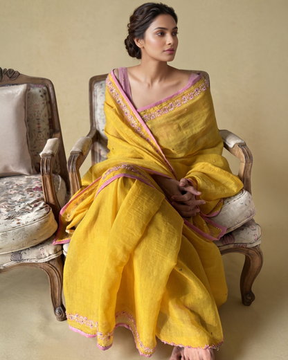 BEADED TENDRILS | Sun Yellow Chanderi Tissue Saree