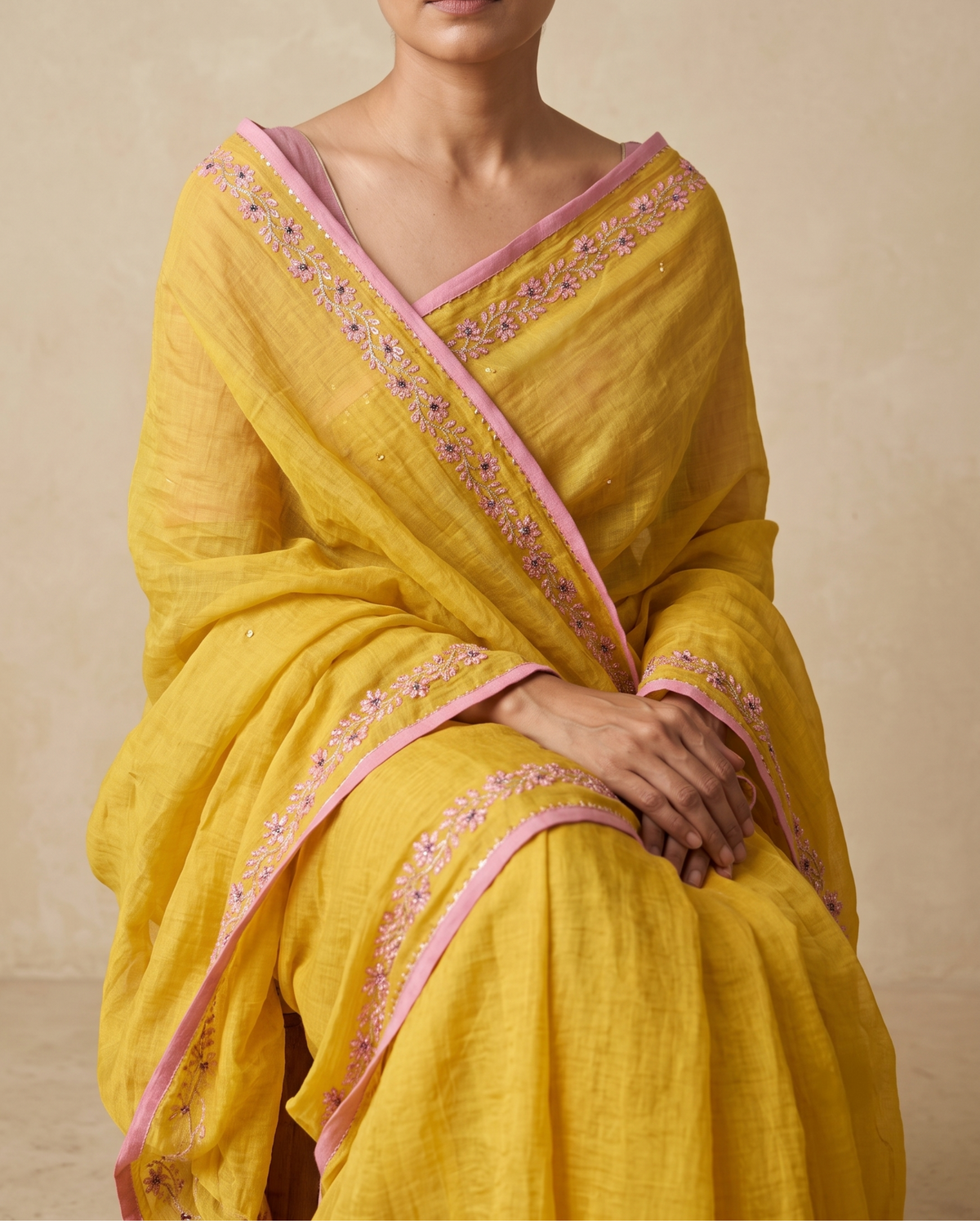 BEADED TENDRILS | Sun Yellow Chanderi Tissue Saree