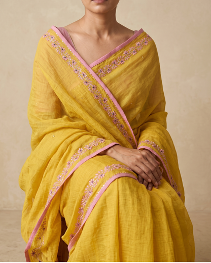 BEADED TENDRILS | Sun Yellow Chanderi Tissue Saree