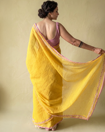 BEADED TENDRILS | Sun Yellow Chanderi Tissue Saree