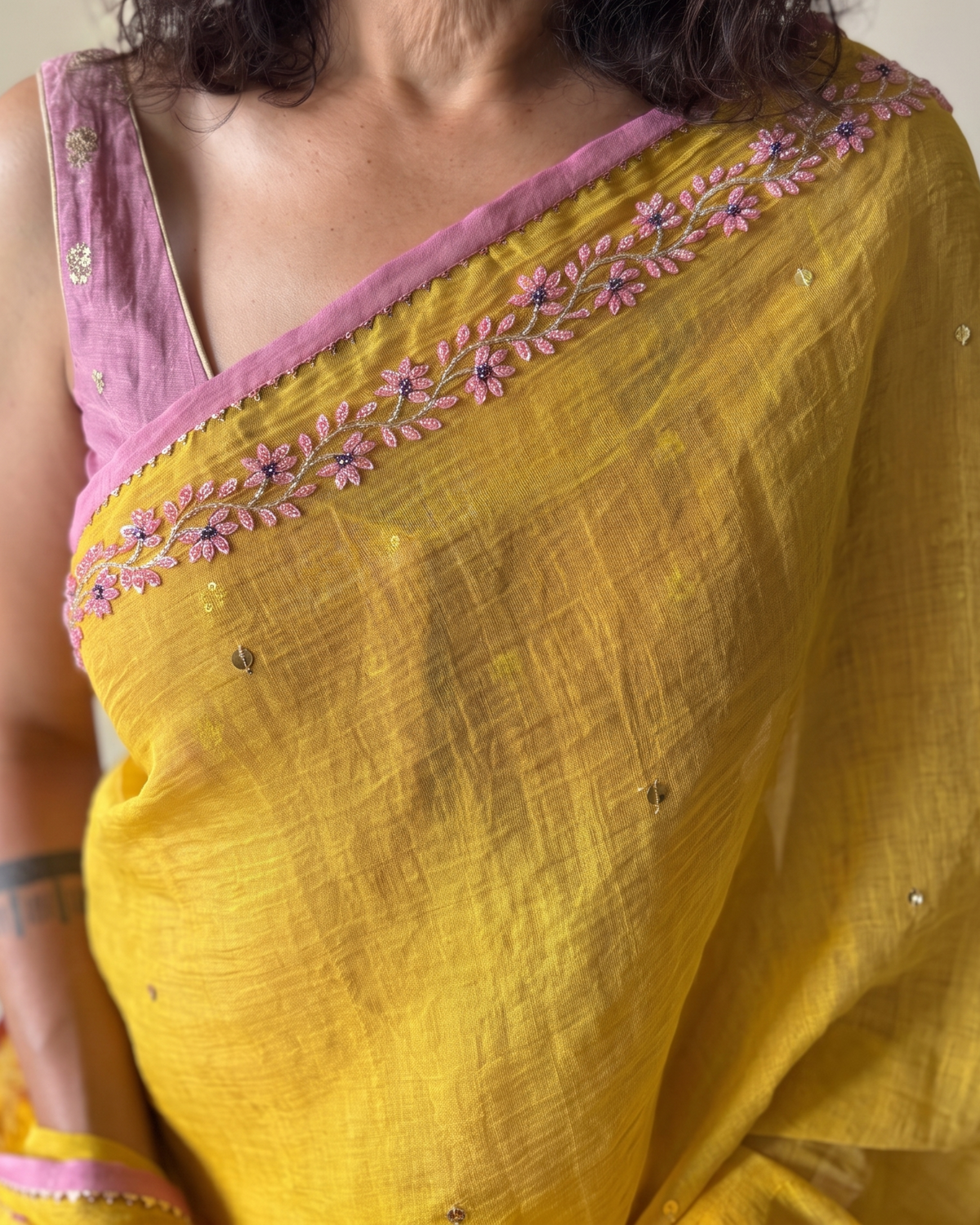BEADED TENDRILS | Sun Yellow Chanderi Tissue Saree