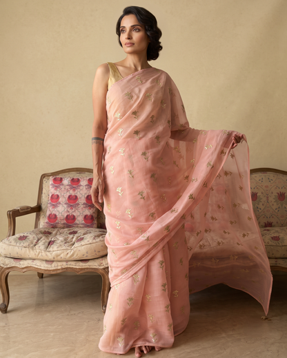 PALE PINK LILIES | Pink Chanderi Saree