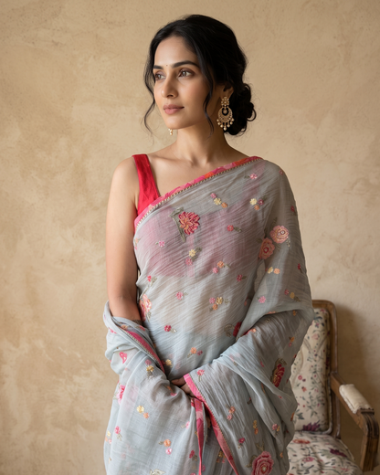 PALE BLUE CARNATION | Chanderi mul Saree