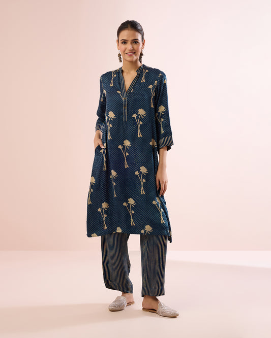 INDIGO/BEIGE POPPY AJRAKH COORD SET