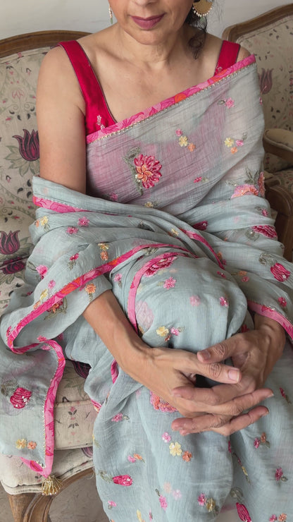 PALE BLUE CARNATION | Chanderi mul Saree