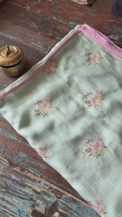 Peony Chanderi Silk Saree – Pistachio