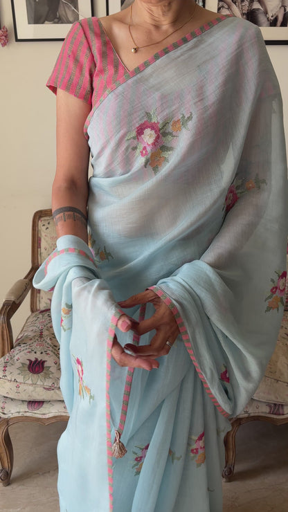 BRIAR ROSE — Sky Blue Chanderi Silk Saree