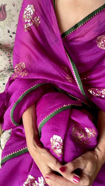 Rose Sequin Chanderi Silk Saree – Aubergine