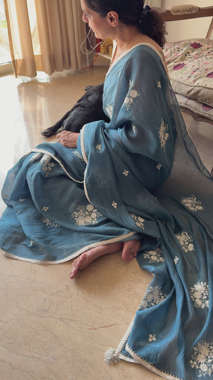 Jaswand Chanderi Silk Saree – Petrol Blue