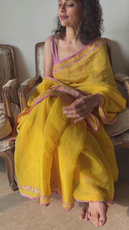 BEADED TENDRILS | Sun Yellow Chanderi Tissue Saree