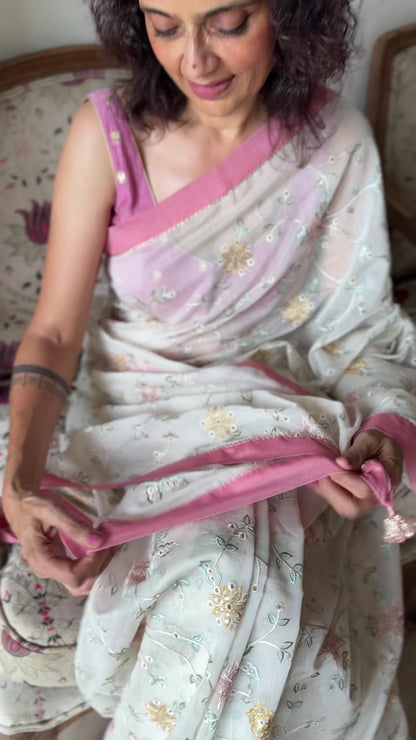 MALLIPOO | Cream Chanderi Silk Saree