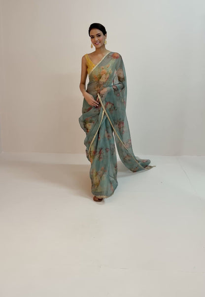 CABBAGE ROSE TISSUE CHANDERI SILK SAREE- TEAL GOLD