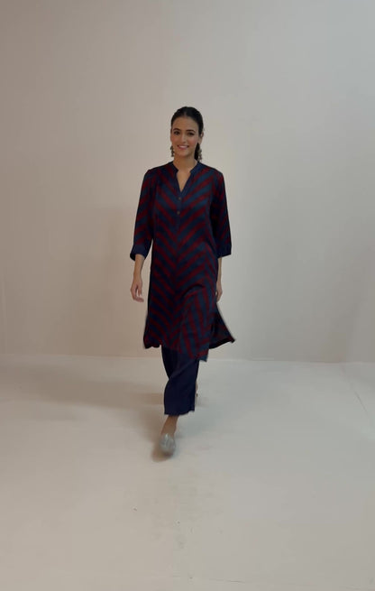 INDIGO/RED CHEVRON AJRAKH COORD SET