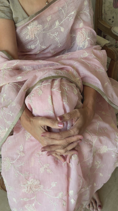Frangipani Chanderi Silk Saree – Soft Pink