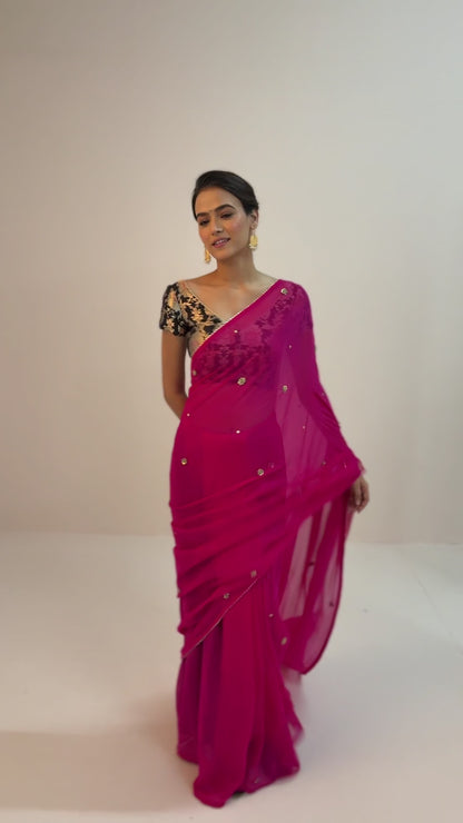 FUSCHIA TINSEL ROSE CHIFFON SAREE